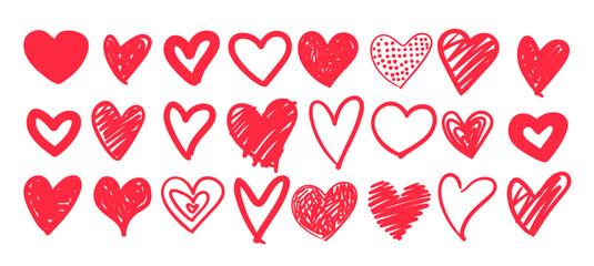 Vector illustration of red doodle hearts. Hand drawn collection of love symbols isolated on white background.