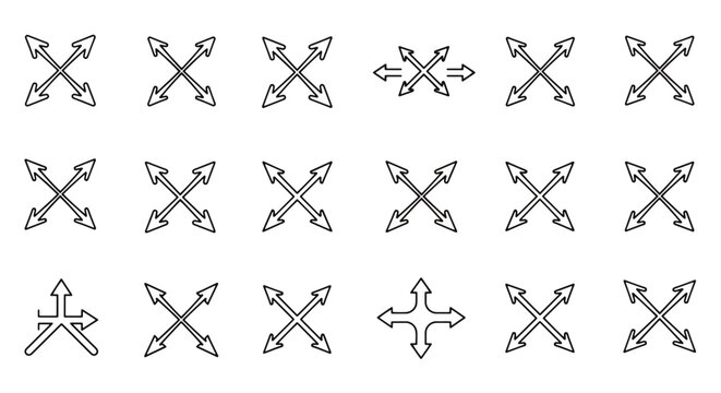 Collection of various four-directional and multi-directional arrow icons for movement, resizing, and expansion in user interfaces.