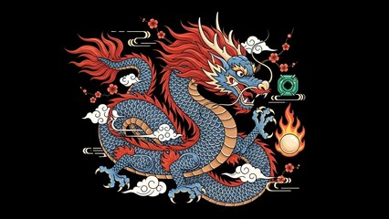 Vibrant Mythic Dragon Artwork with Fire and Clouds.