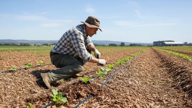 Medium shot of a farming supervisor inspecting crop rows covered with organic mulch promoting soil health and watersaving techniques.