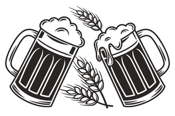 Beer clinking mugs silhouette vector illustration isolated on white background