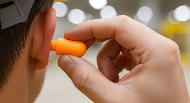 A person's hand inserts a bright orange earplug into their ear for crucial hearing protection in a loud setting.