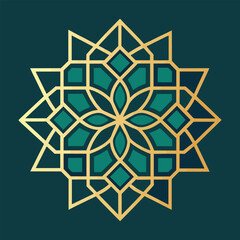 an intricate golden geometric pattern design featuring a symmetrical star shape against a deep teal green background beautifully detailed