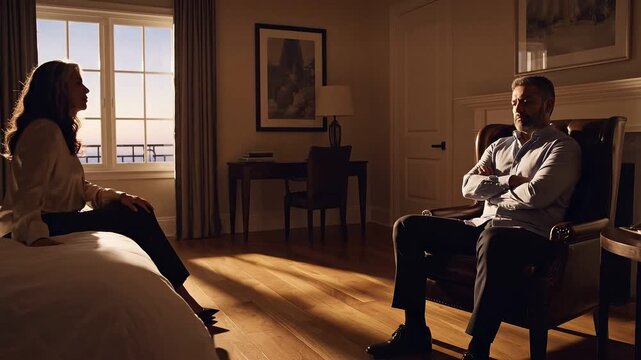 A couple sits apart in a quarrelsome bedroom at sunset. 