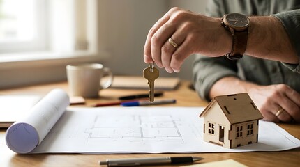 Person handing over house keys on table with architectural plans and model in a professional office setting from a close-up viewpoint