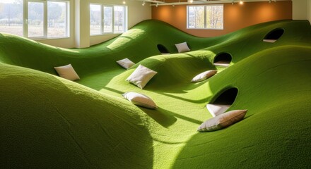 Interior space features undulating green terrain with integrated seating nooks and scattered cushions