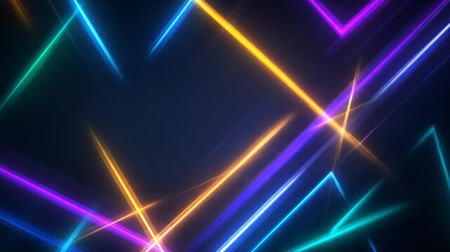 Vibrant neon glowing lines creating an abstract geometric pattern on a dark background. Futuristic colorful light trails design.