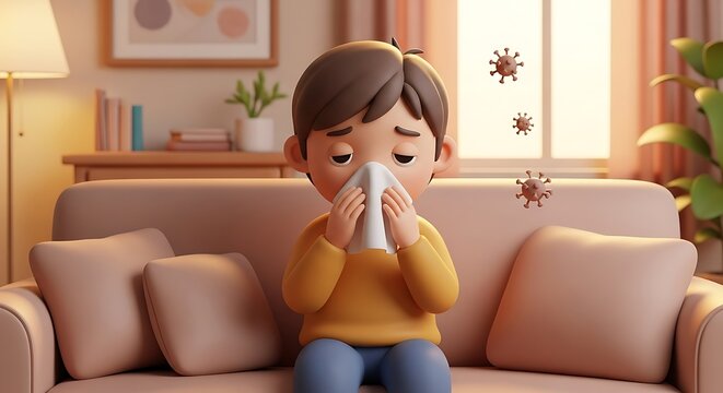 A charming 3D cartoon boy feeling unwell, sneezing into a tissue while resting on the living room sofa, emphasizing essential child care and home comfort during a sickness
