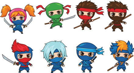 Cartoon ninja character grid, colorful warriors with swords and staffs, kids action theme, vector illustration for games and animation © LITON