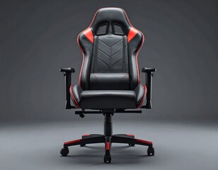 Front-facing, high-backed ergonomic black and red gaming chair
