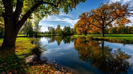 Ruhiger Herbstpark mit Spiegelung im See und bunten B&auml;umen
