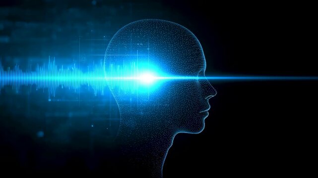 Human head silhouette with bright blue light beam extending across dark background