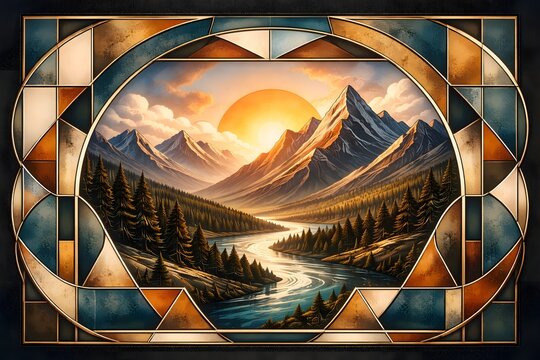 Symmetrische Gebirgsillustration mit Sonne und Fluss im Art-Deco-Stil
