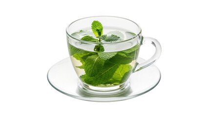 Clear glass cup with mint leaves isolated on transparent background
