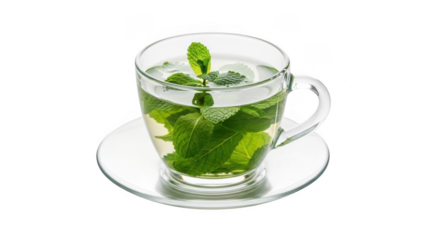 Clear glass cup with mint leaves isolated on transparent background