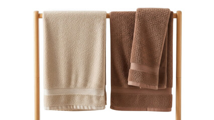 Towels hanging on wooden rack isolated on transparent background