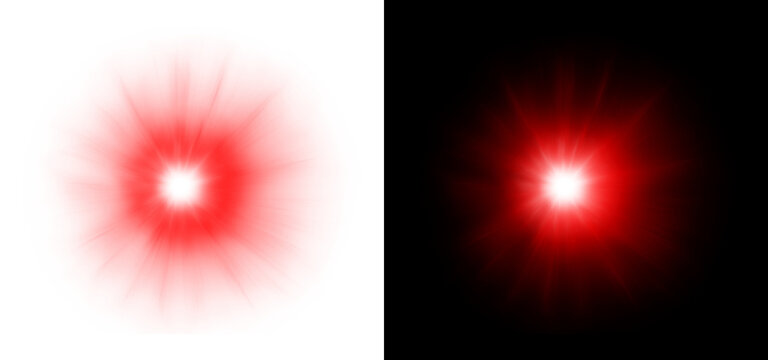 Intense red spotlight lens flare with glowing starburst effect and radial rays isolated on transparent background for creative visual works