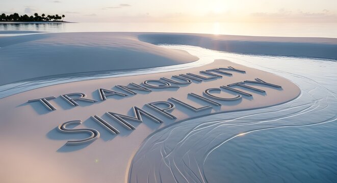 Tranquility and simplicity words carved into pristine white sand on a tropical beach at sunrise