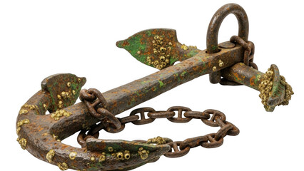 Rusty old anchor with chain isolated on transparent background