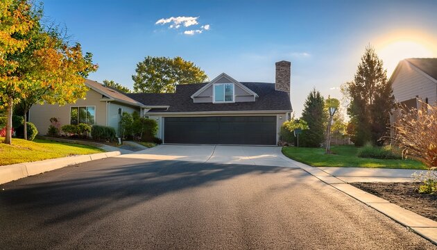a perfectly paved asphalt driveway with a fresh layer of dark sealcoat glistens in the sunlight showcasing a well maintained residential exterior