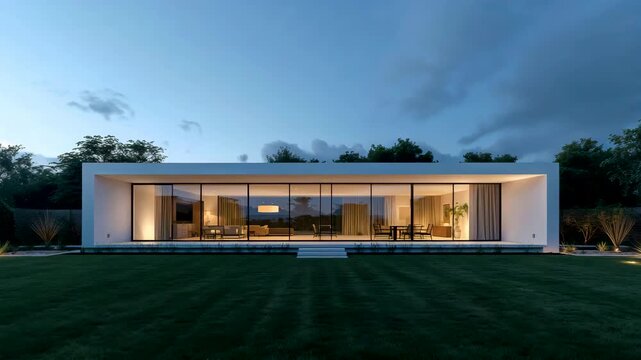 Modern single story luxury house with illuminated glass facade and landscaped lawn at dusk