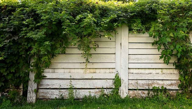 dilapidated white wooden fence covered in lush greenery - Powered by Adobe