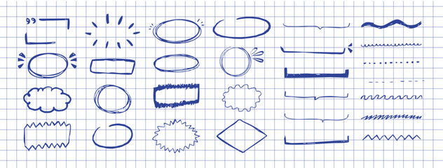 Highlight crayon scribble blue underline chalk or crayon hand drawn border, frame set. Freehand ovals, circles, lines doodle. Chalk pencil ellipse frames, 