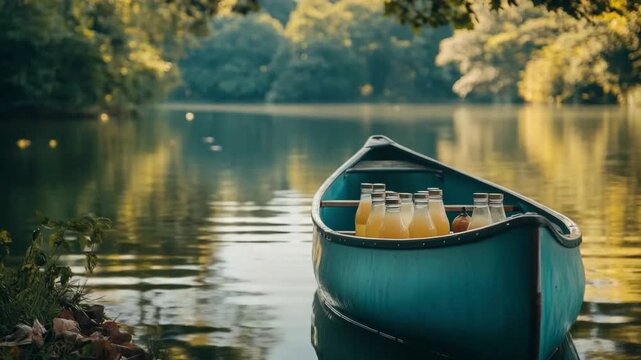 A serene canoe floats on tranquil waters. Glass jars filled with refreshing beverages sit inside. Nature surrounds this peaceful scene. Generative AI