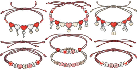 Red Heart png Beaded Bracelet cutout Pink Jewelry png Friendship Band cutout Romantic Accessory png Love Charm cutout Braided String png Letter Bead cutout isolated transparent background image