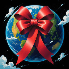 World aids day with red ribbon on earth