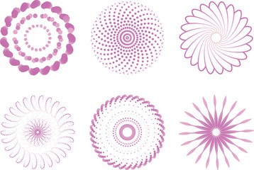 Collection of six intricate purple and pink geometric designs on a white background