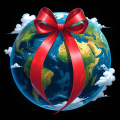 World aids day with red ribbon on earth