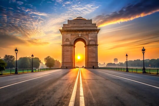 India gate at sunset a majestic view down rajpath in new delhi