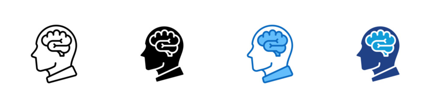 Logical Thinking Multiple Style Icon Design Vector - Human head with connected brain paths, representing logical thinking, reasoning, and problem solving