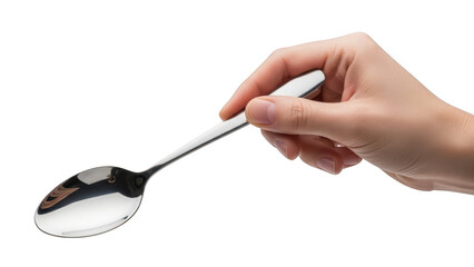 Hand holding a silver spoon isolated on transparent background