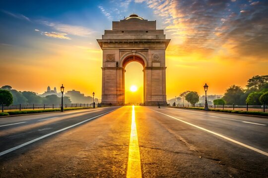 India gate at sunrise a majestic view of delhi s landmark monument