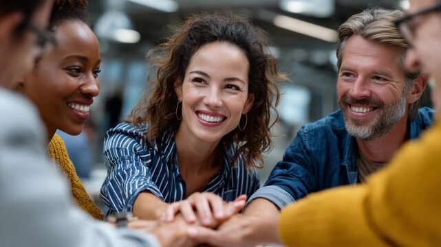 Team Unity in Focus: A diverse group of individuals joins hands in a powerful display of togetherness and collaboration, their faces radiating smiles of camaraderie and shared purpose.