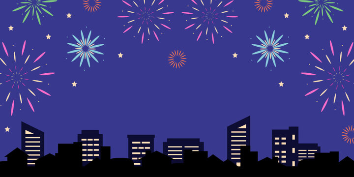 Fireworks background against a night sky and city. Vector hand drawn illustration for your projects.