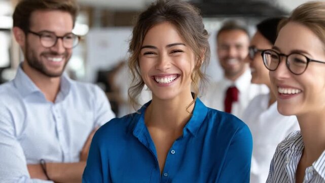 Radiant Smiles: A close-up of a smiling woman, radiating positivity, surrounded by colleagues. A vision of professional togetherness.