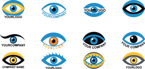 Eye logo and vision icon set with creative branding concepts, abstract eyesight symbols, modern business identity designs, and professional flat vector illustrations