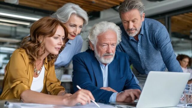 Focused Collaboration: A group of professionals, each bringing their unique expertise, gathers around a laptop, engrossed in a discussion, as they dissect project details within a modern.