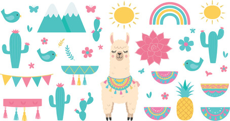 Cute llama and cactus illustration set with rainbow, sun, mountains, tropical elements, and playful boho nursery symbols in colorful flat vector style © Sanjida