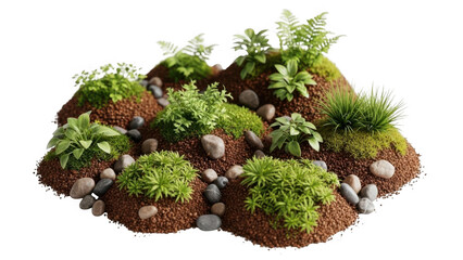 Green plants and moss on brown soil isolated on transparent background