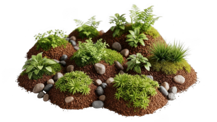 Green plants and moss on brown soil isolated on transparent background