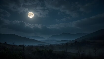 Full Moon and Solar Eclipse Over Misty Mountain Ridges and Dark Starry Night Sky with Fluffy Clouds