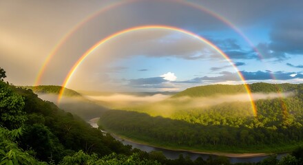 Fototapeta premium Rainbow arching over misty landscape with lush greenery and serene river valley viewed from elevated perspective on January 21st morning 2023 scene captured in photograph