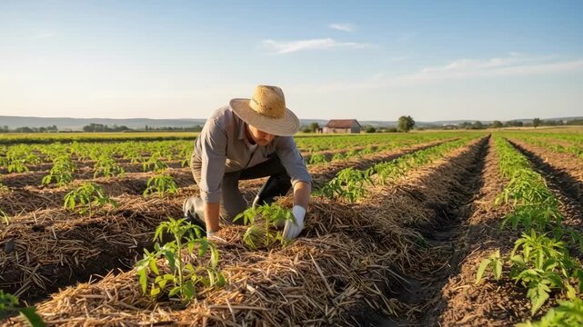 Medium shot of a farmer applying mulch around crops to retain soil moisture and enhance water conservation in sustainable agriculture.