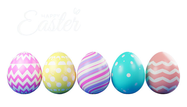 Five easter eggs with various pastel colors and patterns are arranged in a row in a close up shot solid white background and no background