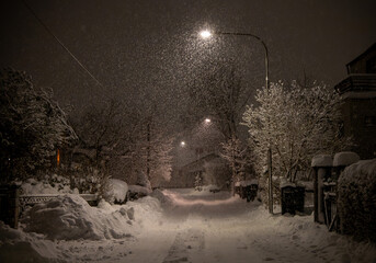 A snowy residential street during heavy nighttime snowfall, illuminated by streetlights and lined with trees and houses covered in fresh winter snow. © Christo