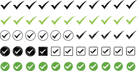 Checkmark and approval icons vector set with tick symbols in different styles colors and shapes isolated on white background © Md